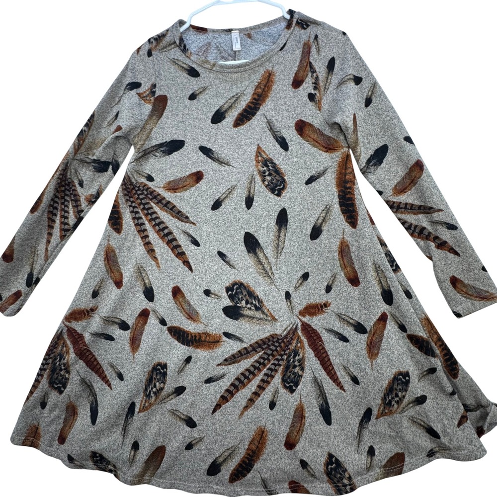 Jardin by Macris Tunic Dress Women Small Feather Print Long Sleeve‎ Boho Earthy